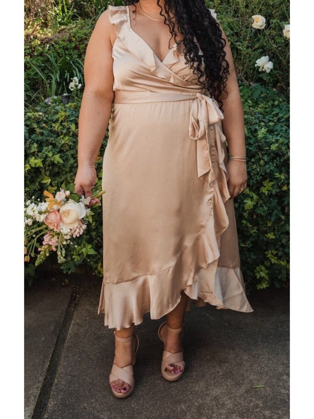 Show Me Your Mumu Samantha Ruffle Wrap Dress Champagne Satin Maxi 2X